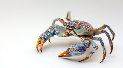 Vibrant blue crab isolated on white background, showcasing detailed claws and shell.