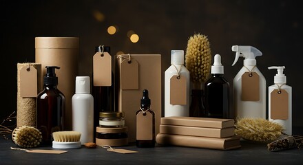 Elegant assortment of sustainable personal care and home cleaning products in neutral tones