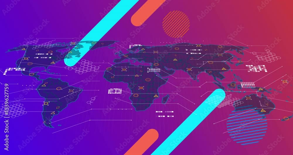 Poster bars sliding inward starting map fading, lines tracing data markers visualizing global data flow