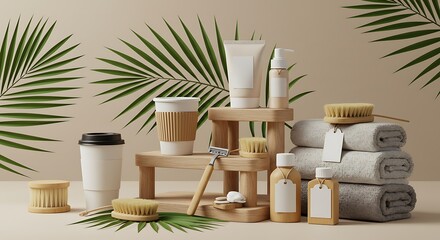 Elegant Bathroom Products Composition with Natural Elements and Neutral Tones