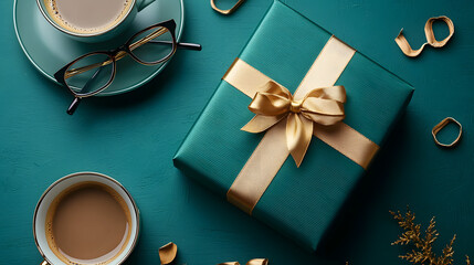 Elegant green gift box with golden ribbon, surrounded by a coffee cup and eyeglasses