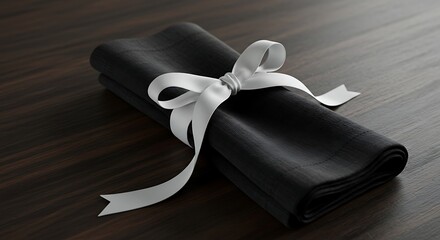 Elegant Black Napkin Wrapped with a White Ribbon on a Dark Wooden Surface