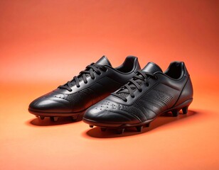 Classic Black Soccer Shoes with Elegant Detailing Against a Warm Backdrop
