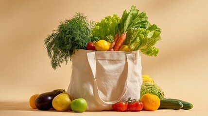 A bag of vegetables is on a table with a variety of fruits and vegetables