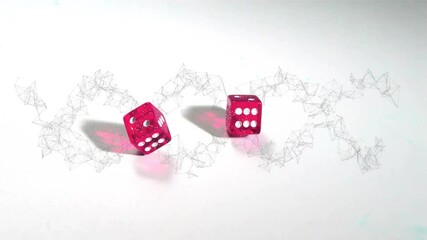 Wireframe rings appearing while translucent red dice rolling spinning showing pips settling - Powered by Adobe