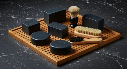 Elegant black soap and grooming accessories on bamboo tray against marble backdrop