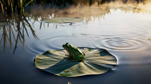 frog animation. A vibrant green frog perched on a lily pad in a serene pond, surrounded by gentle ripples and soft morning light, evoking tranquility in nature
