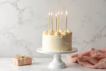 Minimalist Birthday Cake Setup with White Cake Stand and Gift