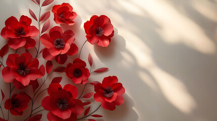  Elegant red paper flowers arranged on a soft background with intricate shadows. The composition highlights 