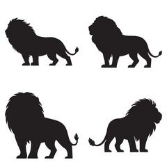 Set of animals silhouettes. Four black silhouette lions and lionesses walking