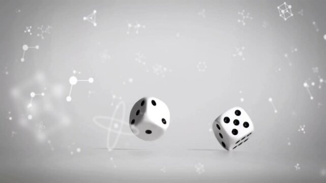 Dice starting descent after release, rotating, bouncing and slowing for physics demo in flat design