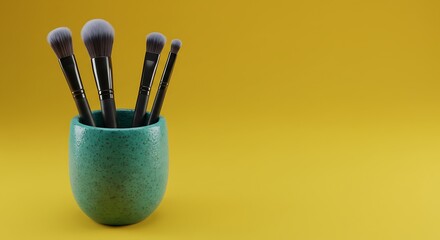 Elegant Makeup Brushes in Turquoise Holder on a Yellow Background, Beauty Concept