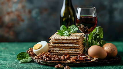  Elegant side view arrangement of traditional Passover foods including matzo, wine, nuts, and egg on a green surface 