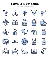 Set of Love & Romance Icons. Simple Two Color art style icons pack.