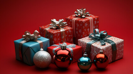 : Elegant vertical Christmas scene featuring beautifully wrapped gifts and colorful ornaments on a vibrant red background