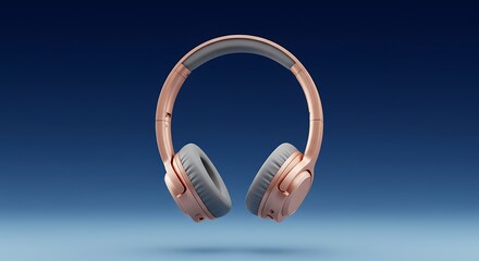 Elegant rose gold headphones with soft gray cushions on a calming blue background