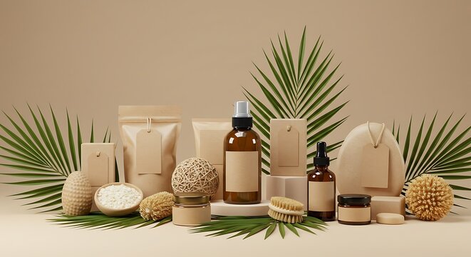 Elegant presentation of organic beauty products with natural elements and minimalist design