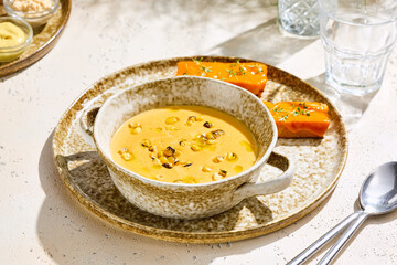 Corn cream soup with cheese croutons, bright lighting, overhead composition