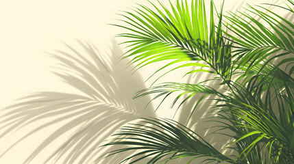  Elegant vertical green palm leaves creating dynamic shadows on a beige background, evoking calm