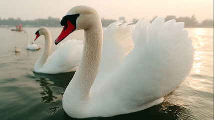 Obraz premium Couple of swans and reflection on the water, Love 