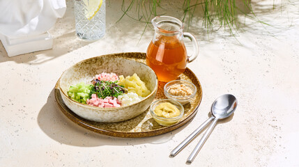 Okroshka with kvass, bright sunlight, overhead composition, rustic serving with condiments