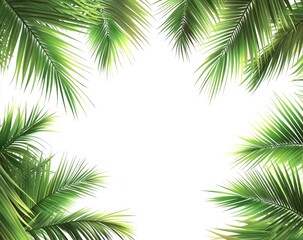 Tropical palm fronds frame a white background