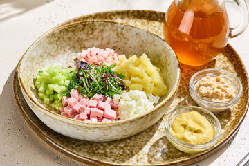 Okroshka with kvass in ceramic bowl, bright lighting, overhead composition, assorted diced ingredients