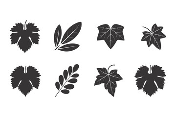 Oak leave, Cannabis Leaf, Clover, maple leaf, fig leaf, Birch leaf set ,silhouette vector illustration. isolated on white background.	