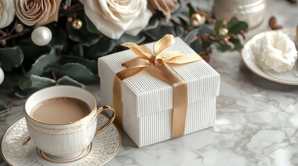  Elegantly wrapped gift with a golden ribbon alongside a coffee cup on a stylish setup