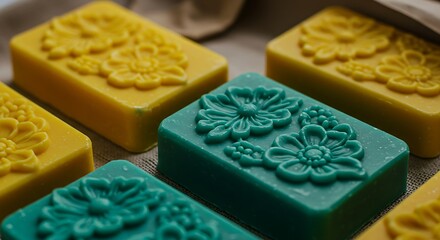 Handcrafted soap bars with embossed floral designs in yellow and teal colors
