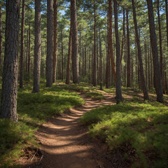 Fototapeta premium A zigzag trail moving through a dense pine forest with patches of grass growing along its sides under soft daylight filtered through branches above adding visual rhythm the slightly
