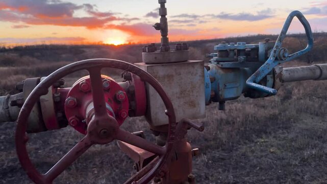 Kharkiv region, Shebelinka gas field, production at a depth of 1-2 kilometers, located in corn and sunflower fields, sunset
