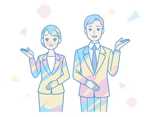 スーツ姿で案内をする男女の上半身イラスト