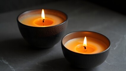 Two Decorative Candles Glowing Warmly on a Textured Gray Surface in a Dark Room creating ambiance