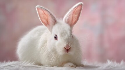 Fototapeta premium Cute white rabbit portrait, fluffy bunny with pink ears, adorable pet animal photo