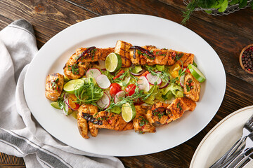 Grilled fish platter with lime slices, rustic daylight, overhead restaurant composition