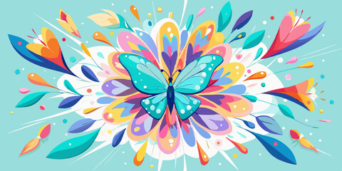 Aesthetic illustration of a turquoise butterfly surrounded by colorful floral elements and light background
