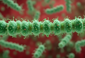 Streptococcus Pyogenes Bacteria – 3D Chain Structure.A close-up view of Streptococcus pyogenes.