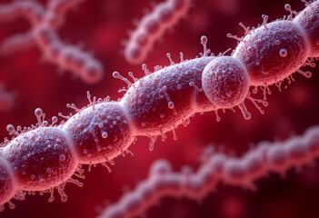 Streptococcus Pyogenes Bacteria – 3D Chain Structure.A close-up view of Streptococcus pyogenes.