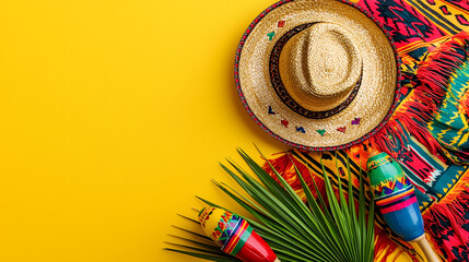  Festive arrangement featuring a decorative sombrero, vibrant fan, maracas, and textile on a yellow backdrop