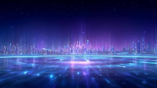 Futuristic City Skyline with Neon Lights Reflecting on a Shimmering Digital Surface at Night