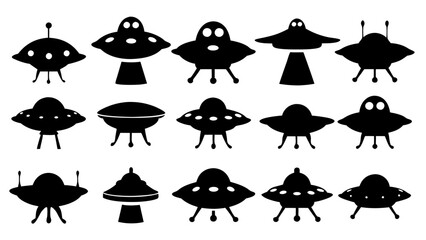 UFO set silhouettes on tranparent background