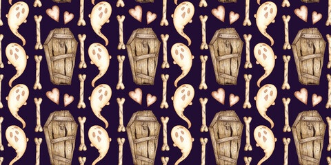 Funny ghosts, wooden coffins and bones watercolor illustration. Light Halloween print in cartoon style. Isolated on blue background. Seamless pattern.