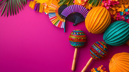 Festive colorful decorations including maracas and a fan on a warm purple backdrop