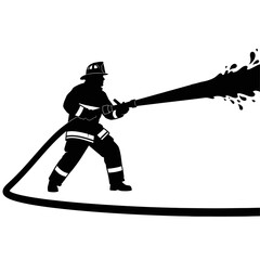 Fototapeta premium Silhouette of a firefighter spraying water from a hose isolated on white background
