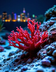 close up of a red coral reef under the sea at night, created with a fantastical twist and set against city lights