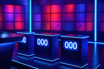 Colorful game show set with empty contestant podiums and glowing background lighting