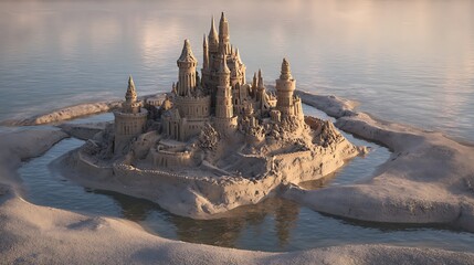 A detailed sandcastle with many towers and turrets surrounded by water on a sandy beach area