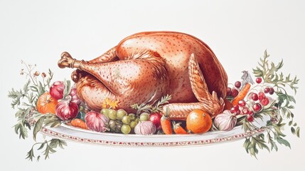 Roasted turkey on platter with assorted vegetables and fruits.
