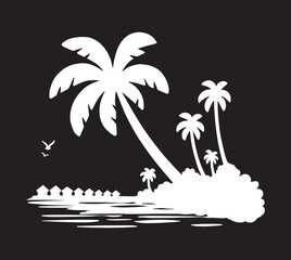 white silhouette of maldives on black background vector logo. white silhouette of tropical landscape with line of houses near ocean shore vector chalk on black background